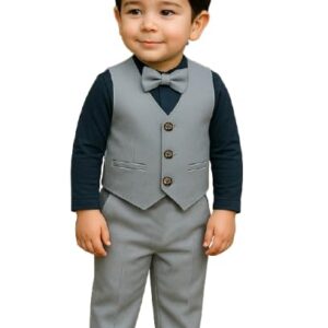 Ninas Baby Boys and Girls Solid Cotton Blend Blazer Style T Shirt and Pant Set with Bow Tie Toddlers for Kids (Grey & Blue)