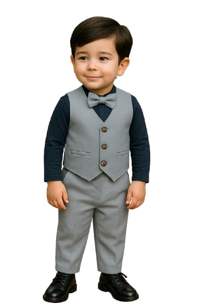 Ninas Baby Boys and Girls Solid Cotton Blend Blazer Style T Shirt and Pant Set with Bow Tie Toddlers for Kids (Grey & Blue)