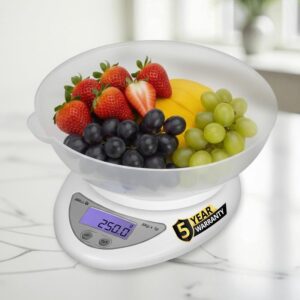 iBELL Digital Kitchen Weighing Scale with LCD Display, Tare Function, up to 5KG, Portable Food Weight Machine for Health, Fitness, Home Baking & Cooking - KS501M (White)