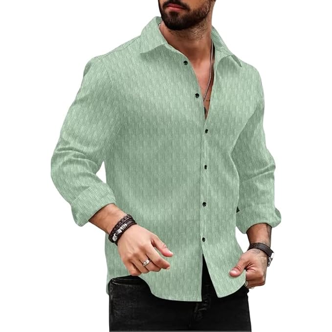 DEELMO Men's Regular Fit Button Down Dress Shirts Textured Long Sleeve Casual Hawaiian Shirt