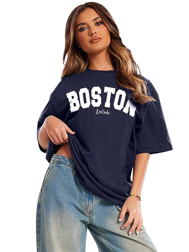 LEOTUDE Women Cottonblend Drop Shoulder Oversized Round Neck Half Sleeve Tshirt, Longline Printed T-Shirt