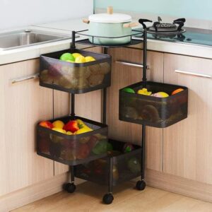 Metal 4 Layer Kitchen Rotating Trolley Portable Storage Rack Square Design Fruits & Vegetable Onion Cutlery, Spice, Jars Container Basket Organizer Holder Stand for Kitchen - Black (4 Layer)