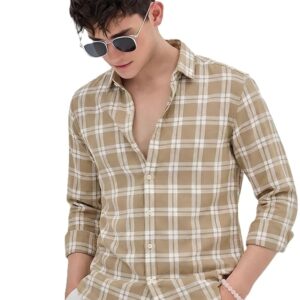 U TURN Men's Casual Plaid Button-Down Shirt, Khaki and White Checkerd Shirt Latest Stylish