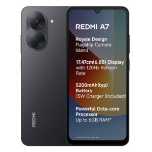 REDMI A7 4G (Black, 3 GB RAM, 64GB Storage) | Large 17.48cm (6.88) Smooth 120Hz Display | 5200mAh 2-Day Battery | Royale Design | Charger in the Box