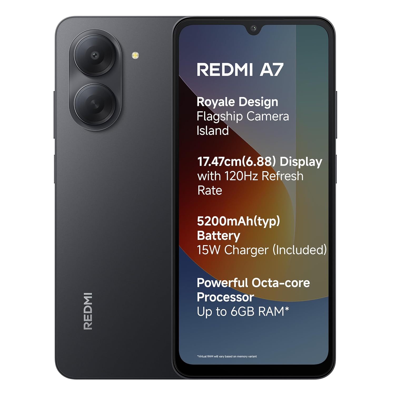 REDMI A7 4G (Black, 3 GB RAM, 64GB Storage) | Large 17.48cm (6.88) Smooth 120Hz Display | 5200mAh 2-Day Battery | Royale Design | Charger in the Box