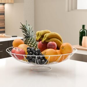 Kuber Industries Metal Fruits & Vegetables Basket Bowl with Holding Stand,Veggie Baskets for Dining Table Accessories,Storage Bowls for Decorative Pantry,Home & Kitchen Use,Wrought,White 26x26x9 cm