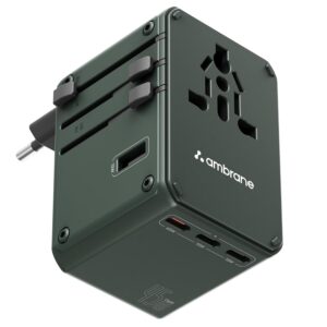 Ambrane 45W Universal Charger Adapter, Supports Laptop Charging: MacBook & Type C Laptop, 3X, 1x USB, 2500W AC Socket, International Worldwide Travel Adapter, PD Charging (ATA-04, Green)
