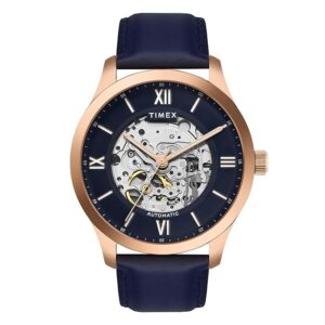TIMEX Automatic Watch for Man with Blue Round Dial & Blue Leather Strap Band Water Resistant Men's Wrist Watches