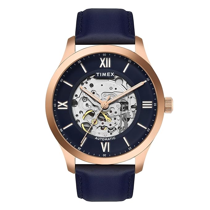 TIMEX Automatic Watch for Man with Blue Round Dial & Blue Leather Strap Band Water Resistant Men's Wrist Watches