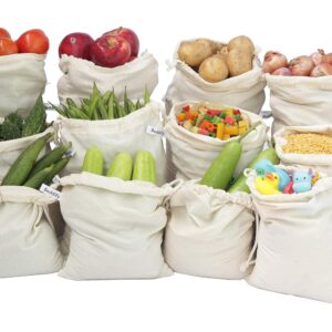 Beddify 100% Cotton Set of 12 Reusable Fridge Storage Bags for Vegetables and Fruits Quality Multipurpose Eco Friendly Bags (4 Large, 4 Medium & 4 Small Size Bags) Drawstring