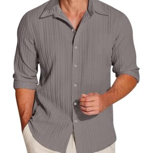 FILO HEVIS Men’s Casual Button Down Popcorn Shirts Stylish Long Sleeve Linen Textured Beach Summer Shirt