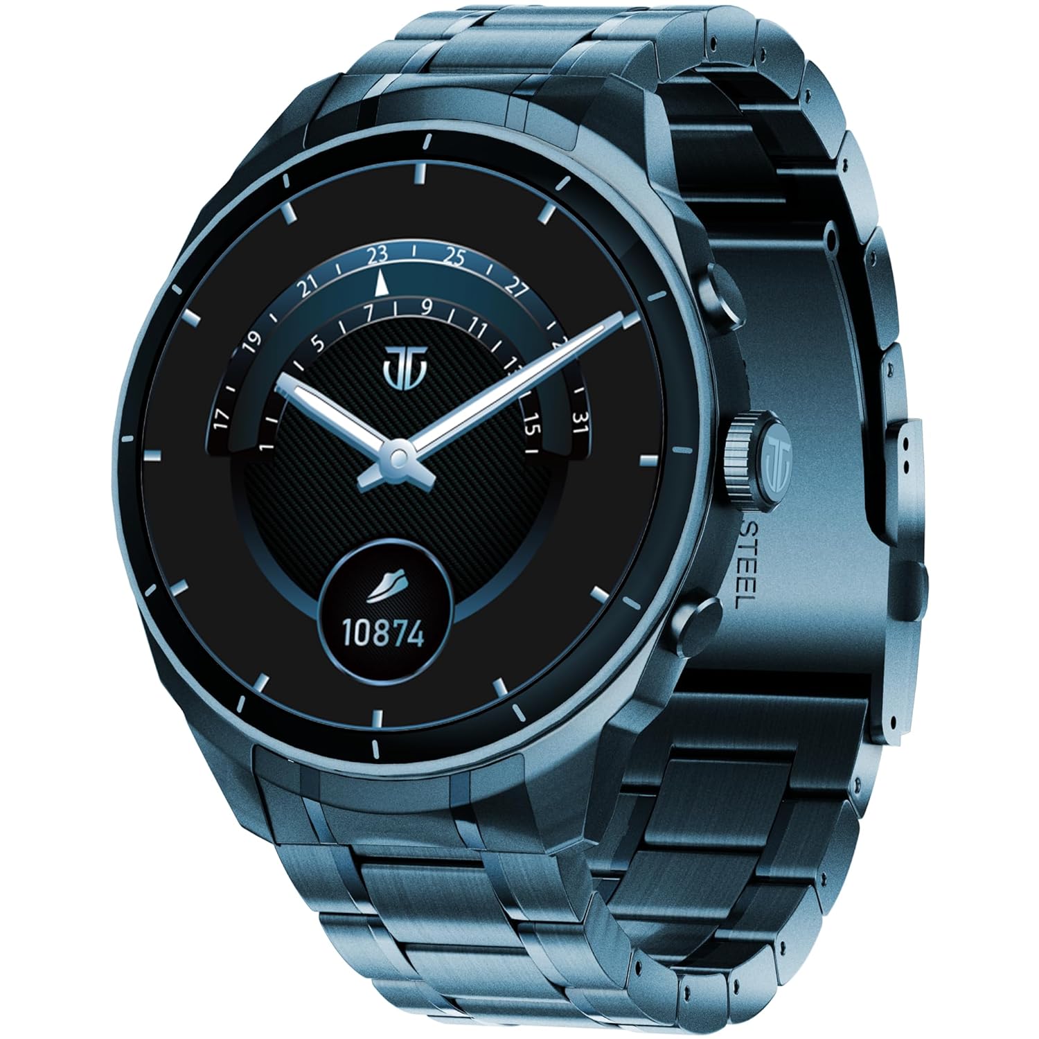 Titan Heritage 1.43" AMOLED Stainless Steel Bracelet Smart Watch for Men, BT Calling, Voice Assistant, Quick Health Measurement, Functional Crown, 3D UI, 60Hz Display, Fast Charging (Blue)